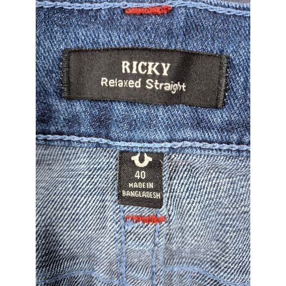 True Religion Ricky Relaxed Straight Blue Jeans Red Stitch Sz 40x33 - Picture 5 of 5